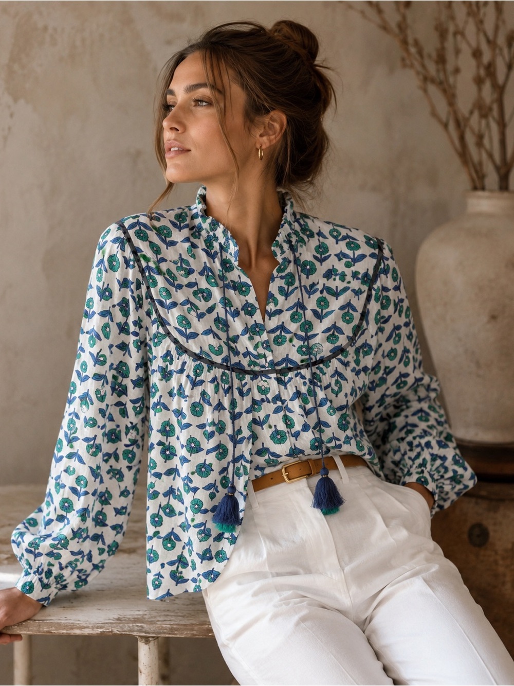 THML Boho Blouse Floral  Print and Tassel Tie